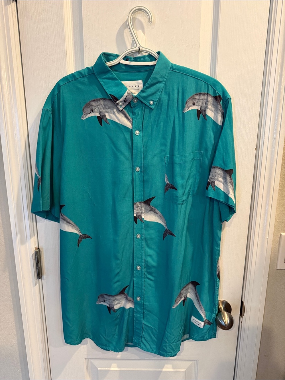 Men's Teal Dolphin Print Short-Sleeve Button-Down Shirt